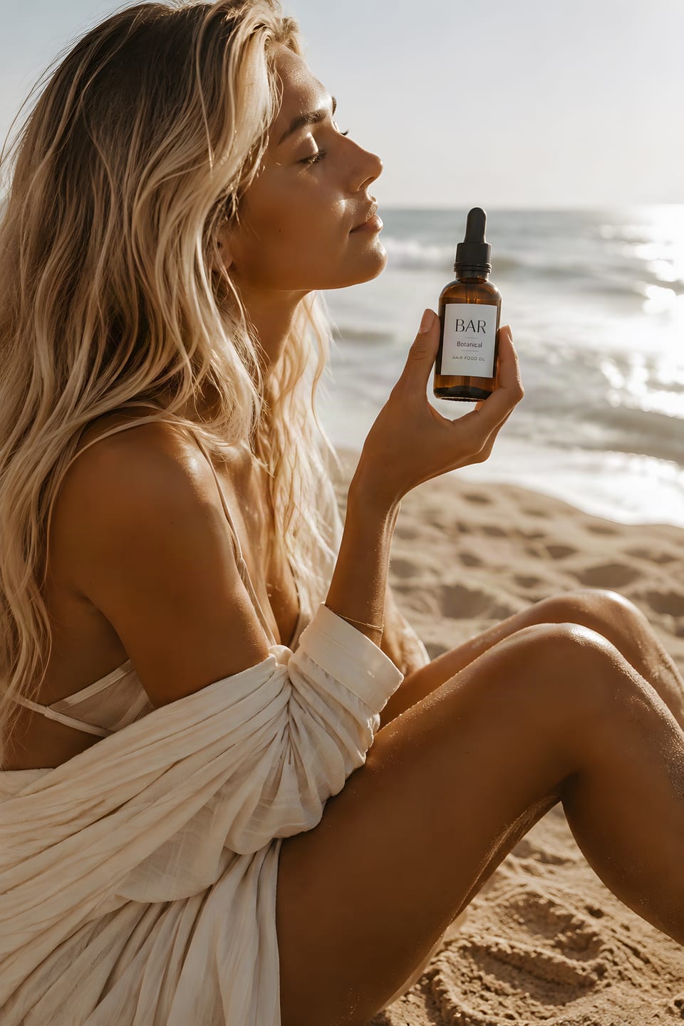 BAR Botanical Hair Food Oil held up against the light at the beach