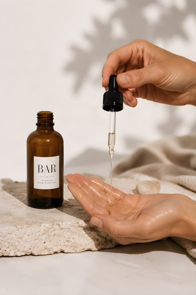 A hand holding the amber glass dropper bottle