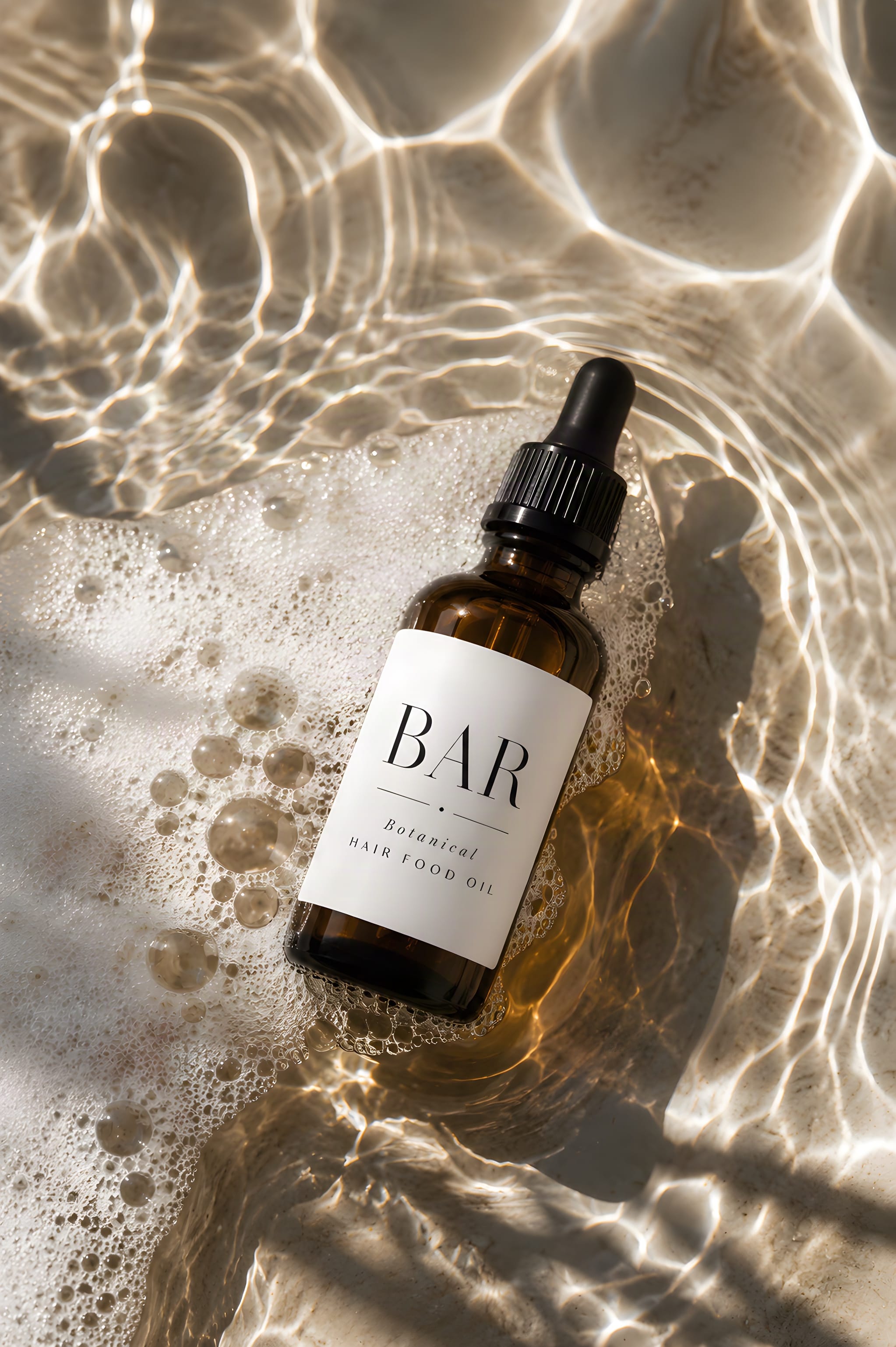A bottle of BAR botanical hair food oil lying in shallow sunlit water