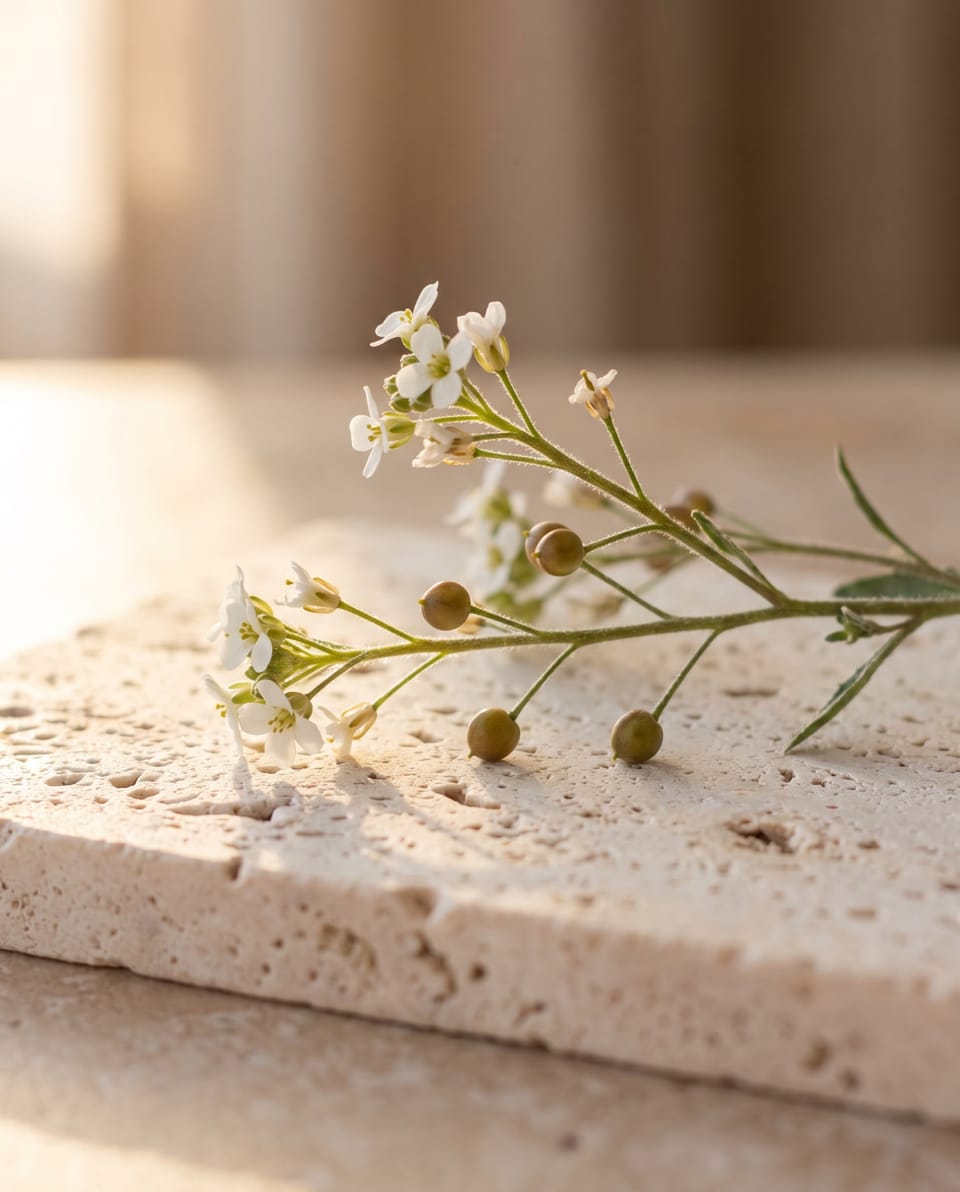 A sprig of Crambe abyssinica with small white flowers and round seeds