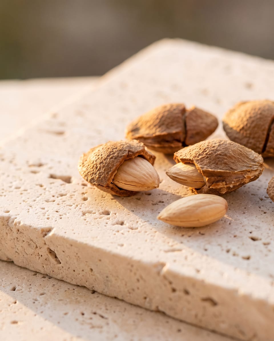 Split apricot stones with their pale kernels on pale stone