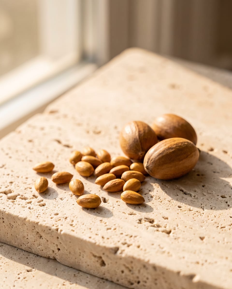Jojoba seeds and whole jojoba nuts on pale stone in window light