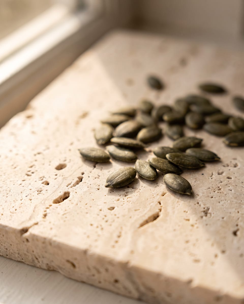 Dark green pumpkin seeds scattered across pale stone